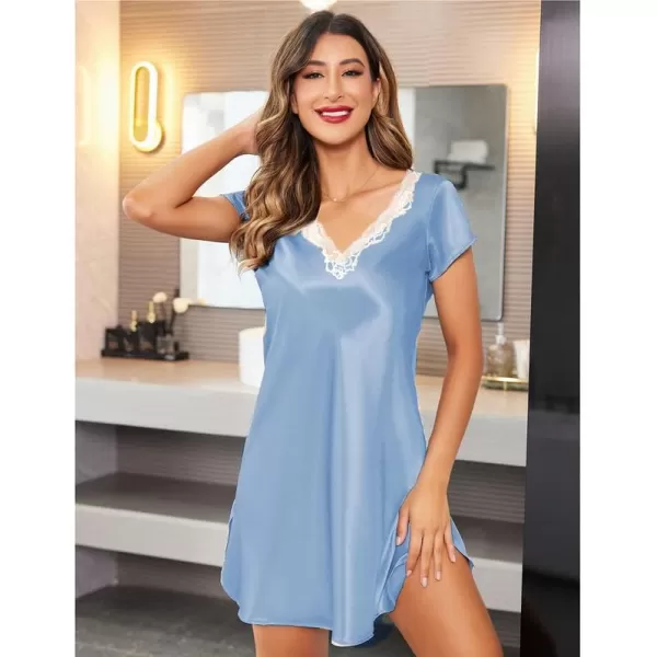 imageEkouaer Womens Satin Nightgown Sleepwear Lace V Neck Side Slits Nightie Short Sleeves NightshirtLight Blue