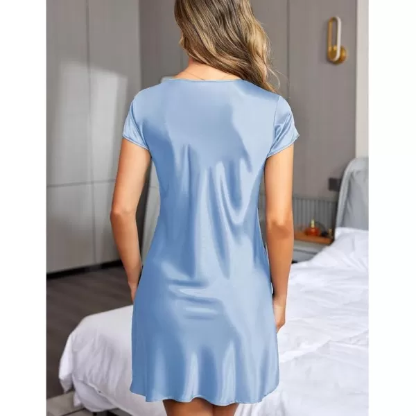 imageEkouaer Womens Satin Nightgown Sleepwear Lace V Neck Side Slits Nightie Short Sleeves NightshirtLight Blue