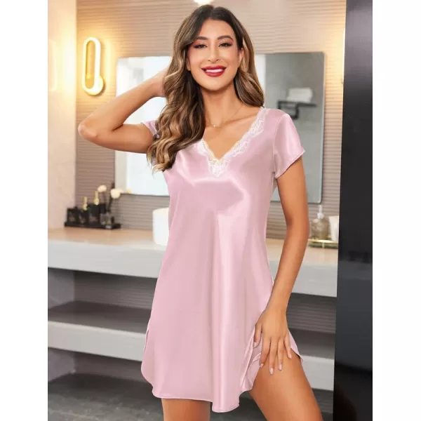 imageEkouaer Womens Satin Nightgown Sleepwear Lace V Neck Side Slits Nightie Short Sleeves NightshirtLight Pink