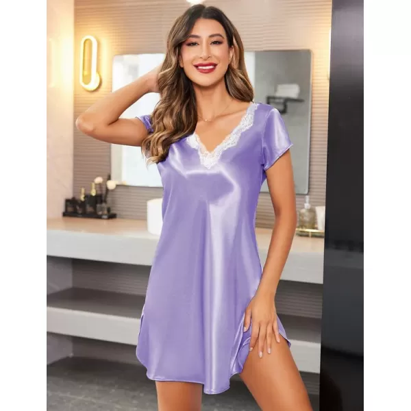 imageEkouaer Womens Satin Nightgown Sleepwear Lace V Neck Side Slits Nightie Short Sleeves NightshirtLilac