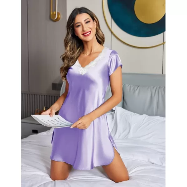 imageEkouaer Womens Satin Nightgown Sleepwear Lace V Neck Side Slits Nightie Short Sleeves NightshirtLilac