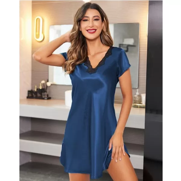 imageEkouaer Womens Satin Nightgown Sleepwear Lace V Neck Side Slits Nightie Short Sleeves NightshirtNavy Blue