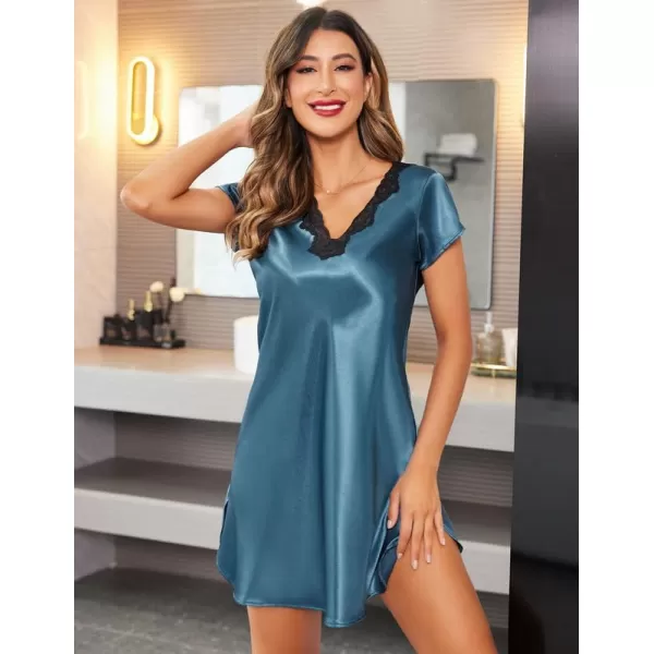 imageEkouaer Womens Satin Nightgown Sleepwear Lace V Neck Side Slits Nightie Short Sleeves NightshirtPeacock Blue