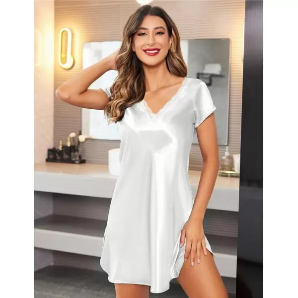 imageEkouaer Womens Satin Nightgown Sleepwear Lace V Neck Side Slits Nightie Short Sleeves NightshirtWhite