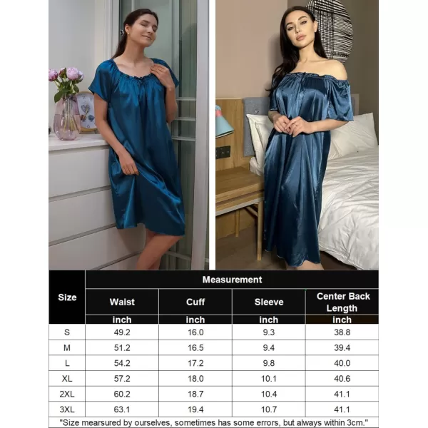 imageEkouaer Womens Satin Silk Pleated Nightgown Loose Sleepwear Printed Nightshirt Short Sleeve Sleep DressBlack