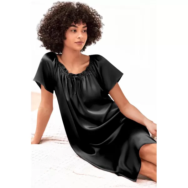 imageEkouaer Womens Satin Silk Pleated Nightgown Loose Sleepwear Printed Nightshirt Short Sleeve Sleep DressBlack