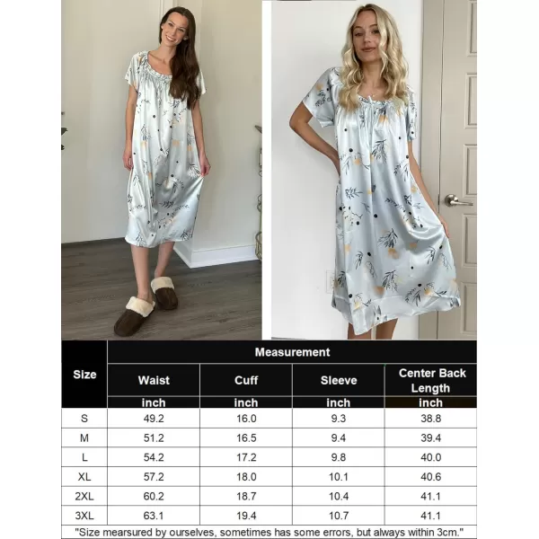 imageEkouaer Womens Satin Silk Pleated Nightgown Loose Sleepwear Printed Nightshirt Short Sleeve Sleep DressBlue Flowers