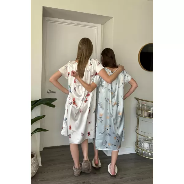 imageEkouaer Womens Satin Silk Pleated Nightgown Loose Sleepwear Printed Nightshirt Short Sleeve Sleep DressBlue Flowers