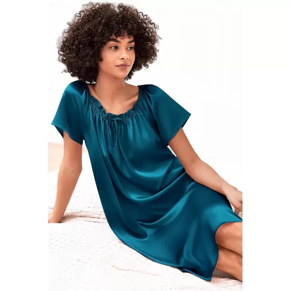 imageEkouaer Womens Satin Silk Pleated Nightgown Loose Sleepwear Printed Nightshirt Short Sleeve Sleep DressBlue Green