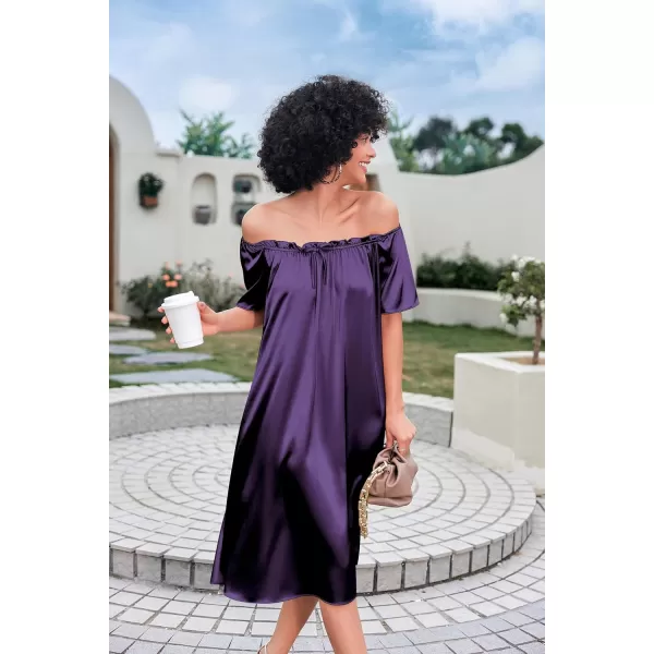 imageEkouaer Womens Satin Silk Pleated Nightgown Loose Sleepwear Printed Nightshirt Short Sleeve Sleep DressDeep Purple