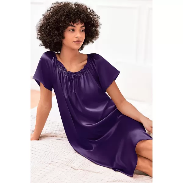 imageEkouaer Womens Satin Silk Pleated Nightgown Loose Sleepwear Printed Nightshirt Short Sleeve Sleep DressDeep Purple