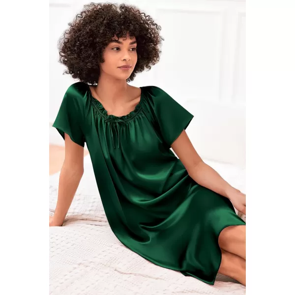 imageEkouaer Womens Satin Silk Pleated Nightgown Loose Sleepwear Printed Nightshirt Short Sleeve Sleep DressEvergreen