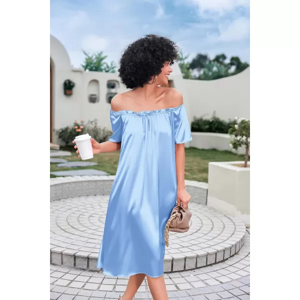 imageEkouaer Womens Satin Silk Pleated Nightgown Loose Sleepwear Printed Nightshirt Short Sleeve Sleep DressLight Blue