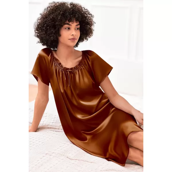 imageEkouaer Womens Satin Silk Pleated Nightgown Loose Sleepwear Printed Nightshirt Short Sleeve Sleep DressLight Brown