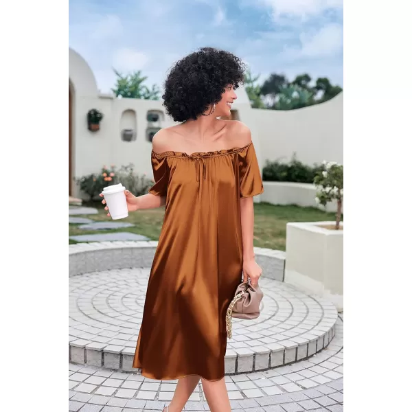 imageEkouaer Womens Satin Silk Pleated Nightgown Loose Sleepwear Printed Nightshirt Short Sleeve Sleep DressLight Brown