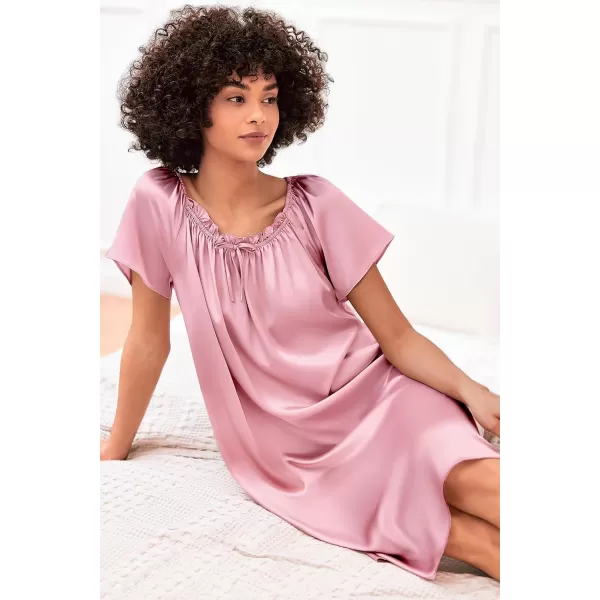 imageEkouaer Womens Satin Silk Pleated Nightgown Loose Sleepwear Printed Nightshirt Short Sleeve Sleep DressMedium Pink