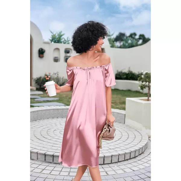 imageEkouaer Womens Satin Silk Pleated Nightgown Loose Sleepwear Printed Nightshirt Short Sleeve Sleep DressMedium Pink