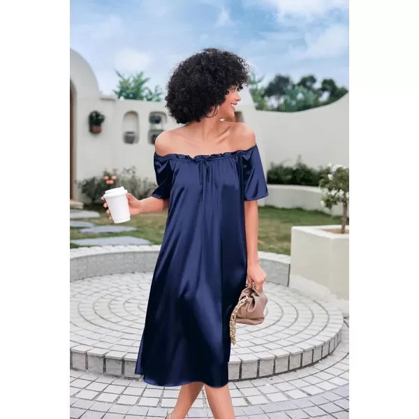 imageEkouaer Womens Satin Silk Pleated Nightgown Loose Sleepwear Printed Nightshirt Short Sleeve Sleep DressNavy Blue