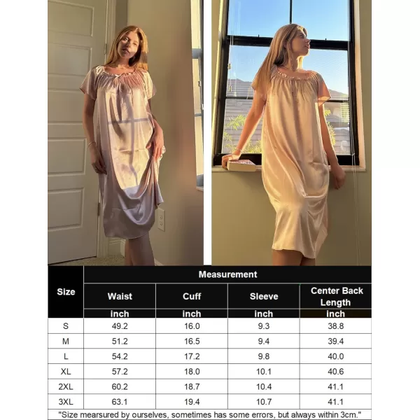 imageEkouaer Womens Satin Silk Pleated Nightgown Loose Sleepwear Printed Nightshirt Short Sleeve Sleep DressPink