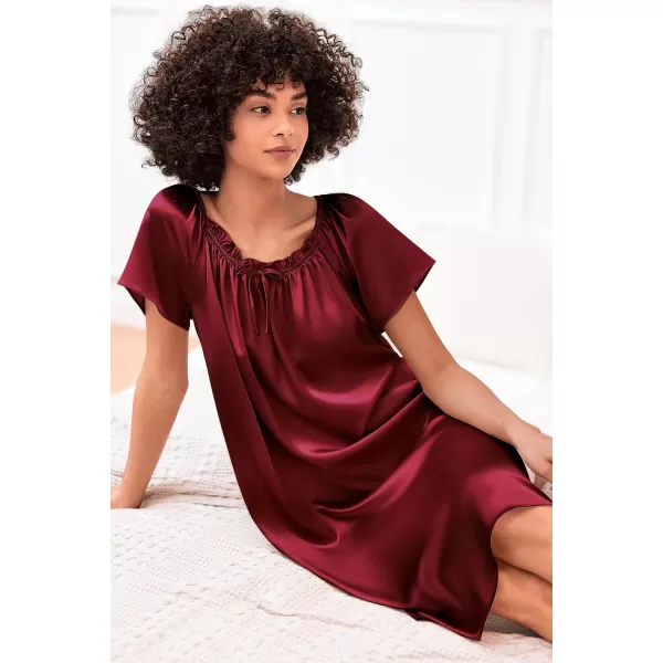 imageEkouaer Womens Satin Silk Pleated Nightgown Loose Sleepwear Printed Nightshirt Short Sleeve Sleep DressWine Red