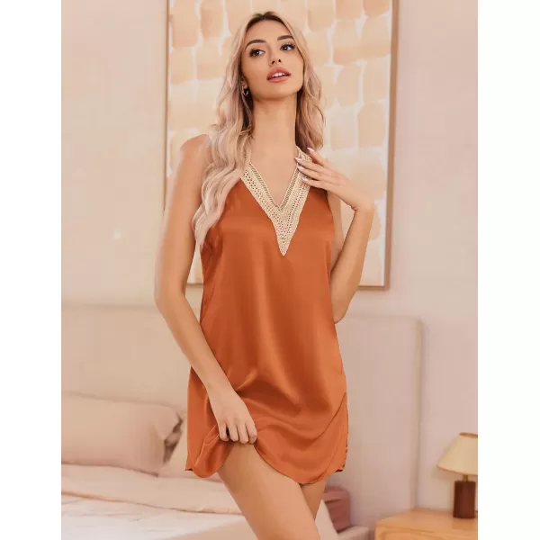 imageEkouaer Womens Sleeveless Nightgown Satin Tank Sleep Shirt Guipure Lace V Neck Sleepwear Nightdress SXXXLCaramel