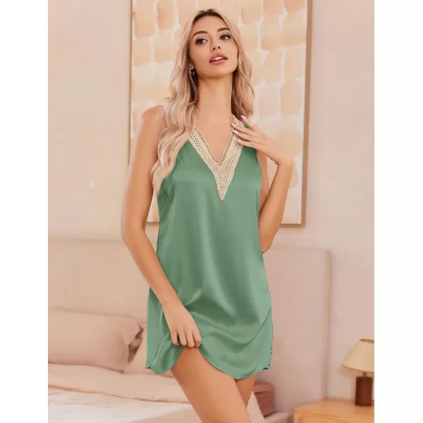 imageEkouaer Womens Sleeveless Nightgown Satin Tank Sleep Shirt Guipure Lace V Neck Sleepwear Nightdress SXXXLIce Green