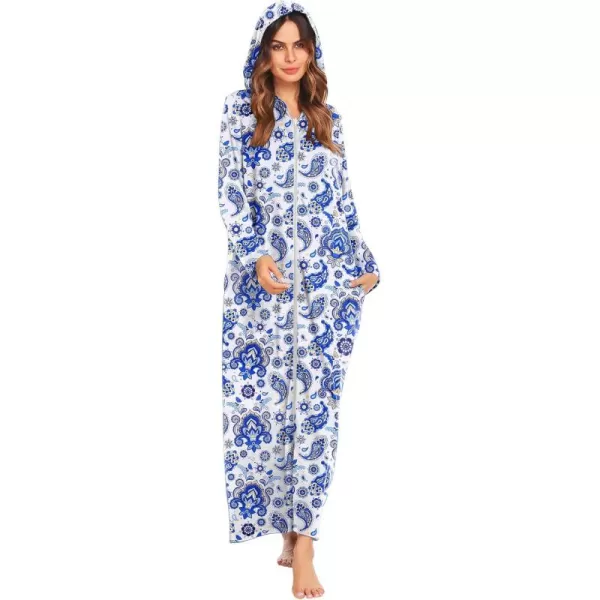 imageEkouaer Robe for Women Zipper Robe Loungewear Full Length Sleepwear Pockets Housecoat Casual Straight Robe SXXLWhite Blue Flower