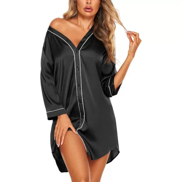 imageEkouaer Satin Button Down Nightgown Women 34 Sleeve Silk Sleepshirt VNeck Boyfriend Nightshirt SXXLBlack