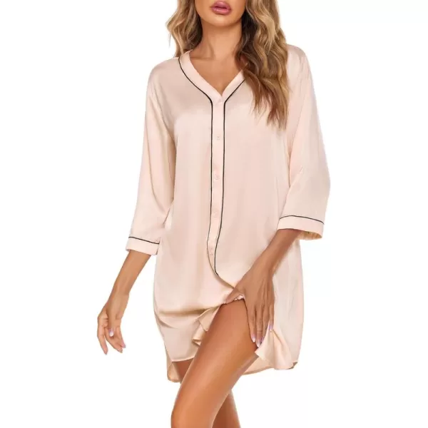 imageEkouaer Satin Button Down Nightgown Women 34 Sleeve Silk Sleepshirt VNeck Boyfriend Nightshirt SXXLChampagne