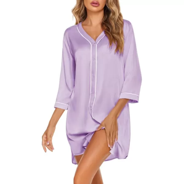 imageEkouaer Satin Button Down Nightgown Women 34 Sleeve Silk Sleepshirt VNeck Boyfriend Nightshirt SXXLLavender