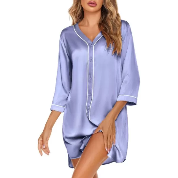 imageEkouaer Satin Button Down Nightgown Women 34 Sleeve Silk Sleepshirt VNeck Boyfriend Nightshirt SXXLPeriwinkle