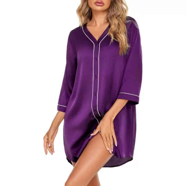 imageEkouaer Satin Button Down Nightgown Women 34 Sleeve Silk Sleepshirt VNeck Boyfriend Nightshirt SXXLPurple