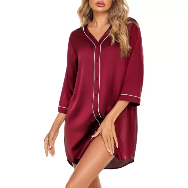 imageEkouaer Satin Button Down Nightgown Women 34 Sleeve Silk Sleepshirt VNeck Boyfriend Nightshirt SXXLWine Red