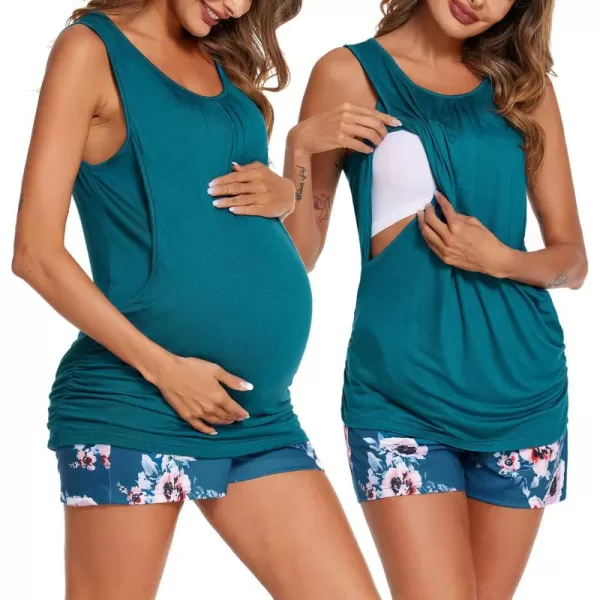 imageEkouaer Women Maternity Nursing Pajama Set Breastfeeding Double Layer Pregnancy Pjs Set Sleeveless Top ampamp Shorts with PocketsBfloral Green