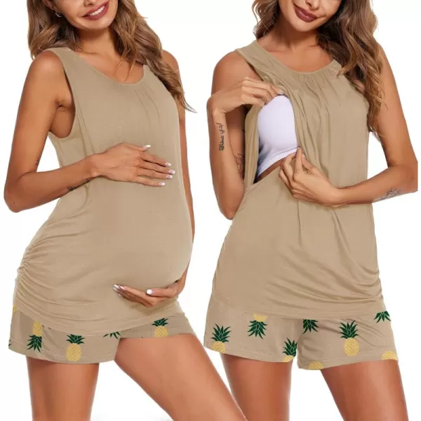 imageEkouaer Women Maternity Nursing Pajama Set Breastfeeding Double Layer Pregnancy Pjs Set Sleeveless Top ampamp Shorts with PocketsBfloral Khaki