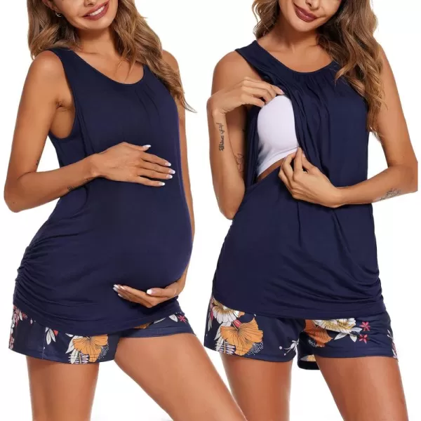 imageEkouaer Women Maternity Nursing Pajama Set Breastfeeding Double Layer Pregnancy Pjs Set Sleeveless Top ampamp Shorts with PocketsBfloral Navy Blue