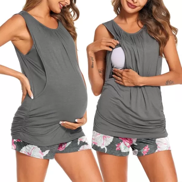 imageEkouaer Women Maternity Nursing Pajama Set Breastfeeding Double Layer Pregnancy Pjs Set Sleeveless Top ampamp Shorts with PocketsBflower Gray