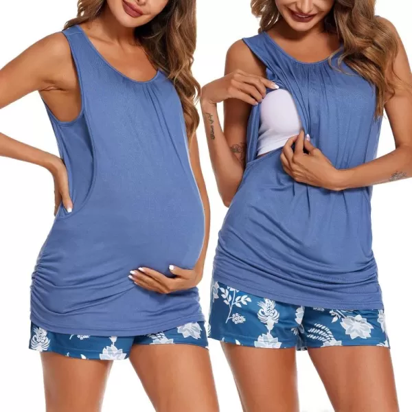 imageEkouaer Women Maternity Nursing Pajama Set Breastfeeding Double Layer Pregnancy Pjs Set Sleeveless Top ampamp Shorts with PocketsFloral Blue