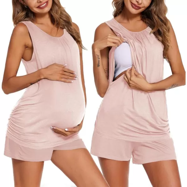 imageEkouaer Women Maternity Nursing Pajama Set Breastfeeding Double Layer Pregnancy Pjs Set Sleeveless Top ampamp Shorts with PocketsPink