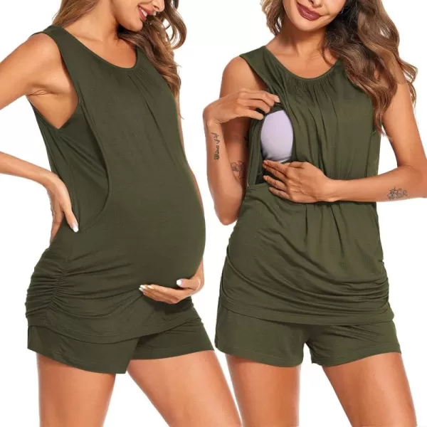 imageEkouaer Women Maternity Nursing Pajama Set Breastfeeding Double Layer Pregnancy Pjs Set Sleeveless Top ampamp Shorts with PocketsSarmy Green