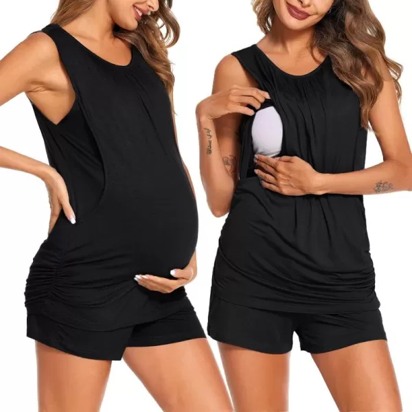 imageEkouaer Women Maternity Nursing Pajama Set Breastfeeding Double Layer Pregnancy Pjs Set Sleeveless Top ampamp Shorts with PocketsSblack