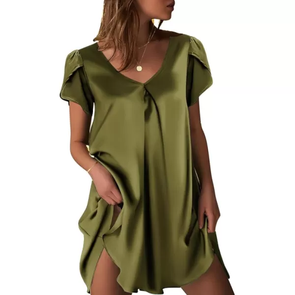 imageEkouaer Womens Satin Nightgown Short Sleeve Sleepdress VNeck Sleepwear Loose Silk SleepshirtArmy Green