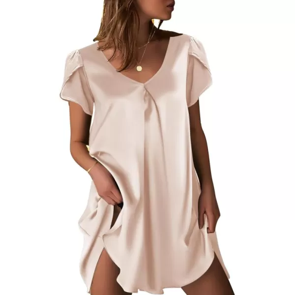 imageEkouaer Womens Satin Nightgown Short Sleeve Sleepdress VNeck Sleepwear Loose Silk SleepshirtChampagne