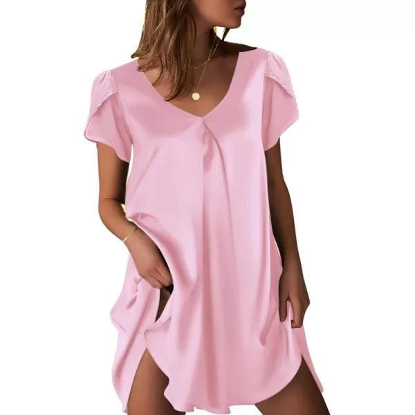 imageEkouaer Womens Satin Nightgown Short Sleeve Sleepdress VNeck Sleepwear Loose Silk SleepshirtPink