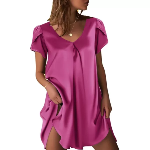 imageEkouaer Womens Satin Nightgown Short Sleeve Sleepdress VNeck Sleepwear Loose Silk SleepshirtRose Red