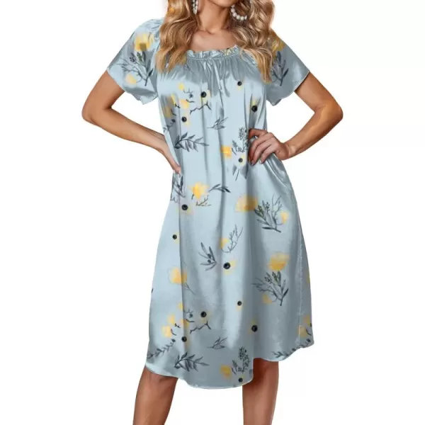 imageEkouaer Womens Satin Silk Pleated Nightgown Loose Sleepwear Printed Nightshirt Short Sleeve Sleep DressBlue Flowers