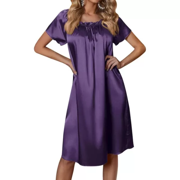 imageEkouaer Womens Satin Silk Pleated Nightgown Loose Sleepwear Printed Nightshirt Short Sleeve Sleep DressDeep Purple