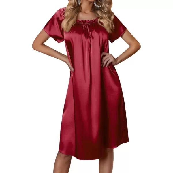 imageEkouaer Womens Satin Silk Pleated Nightgown Loose Sleepwear Printed Nightshirt Short Sleeve Sleep DressWine Red