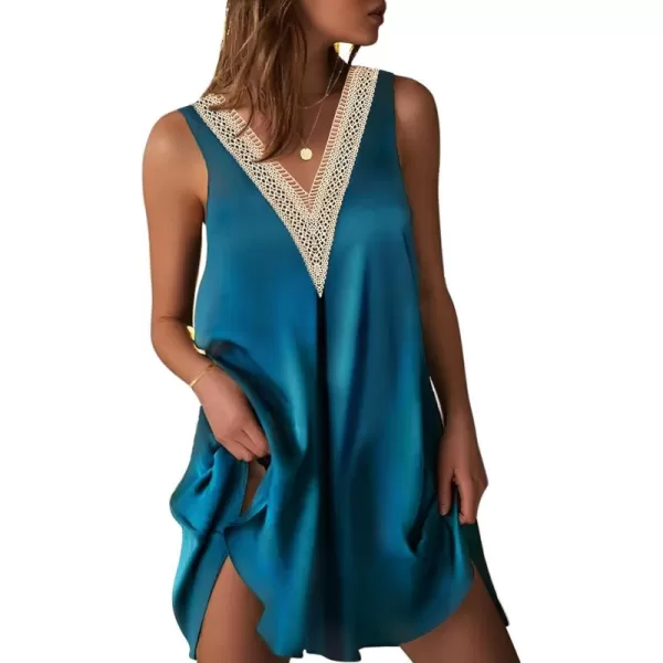 imageEkouaer Womens Sleeveless Nightgown Satin Tank Sleep Shirt Guipure Lace V Neck Sleepwear Nightdress SXXXLBlue Green