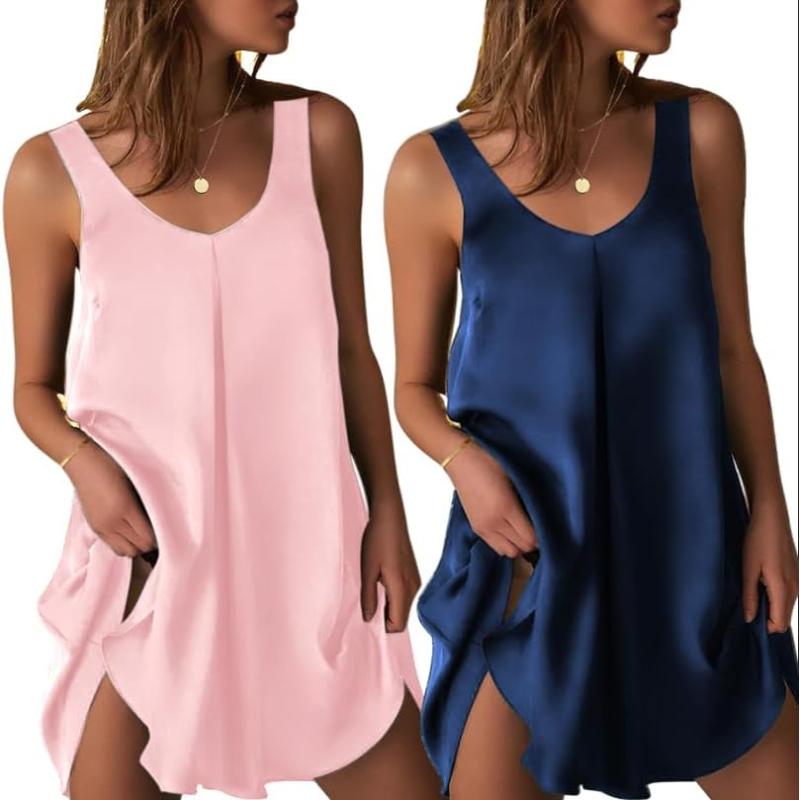 imageEkouaer Womens 2 Pack Satin Silk Nightgown Sleeveless Sleep Dress V Neck Nightshirt Soft Tank Pleated NightdressPinkNavy Blue